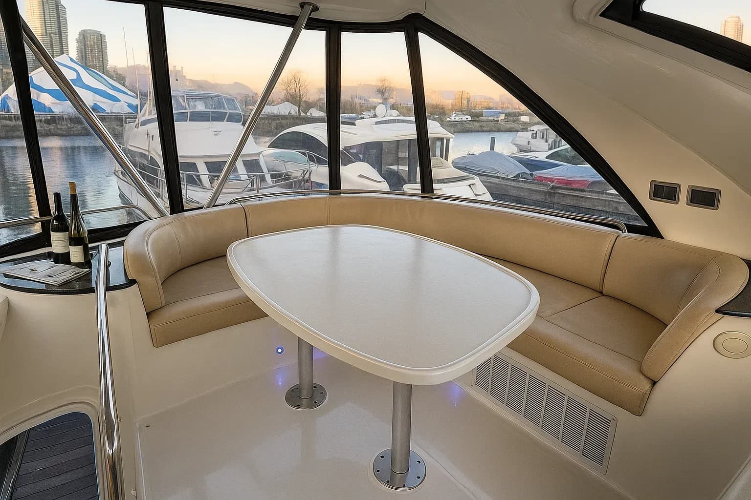 Meridian flybridge seating at golden hour